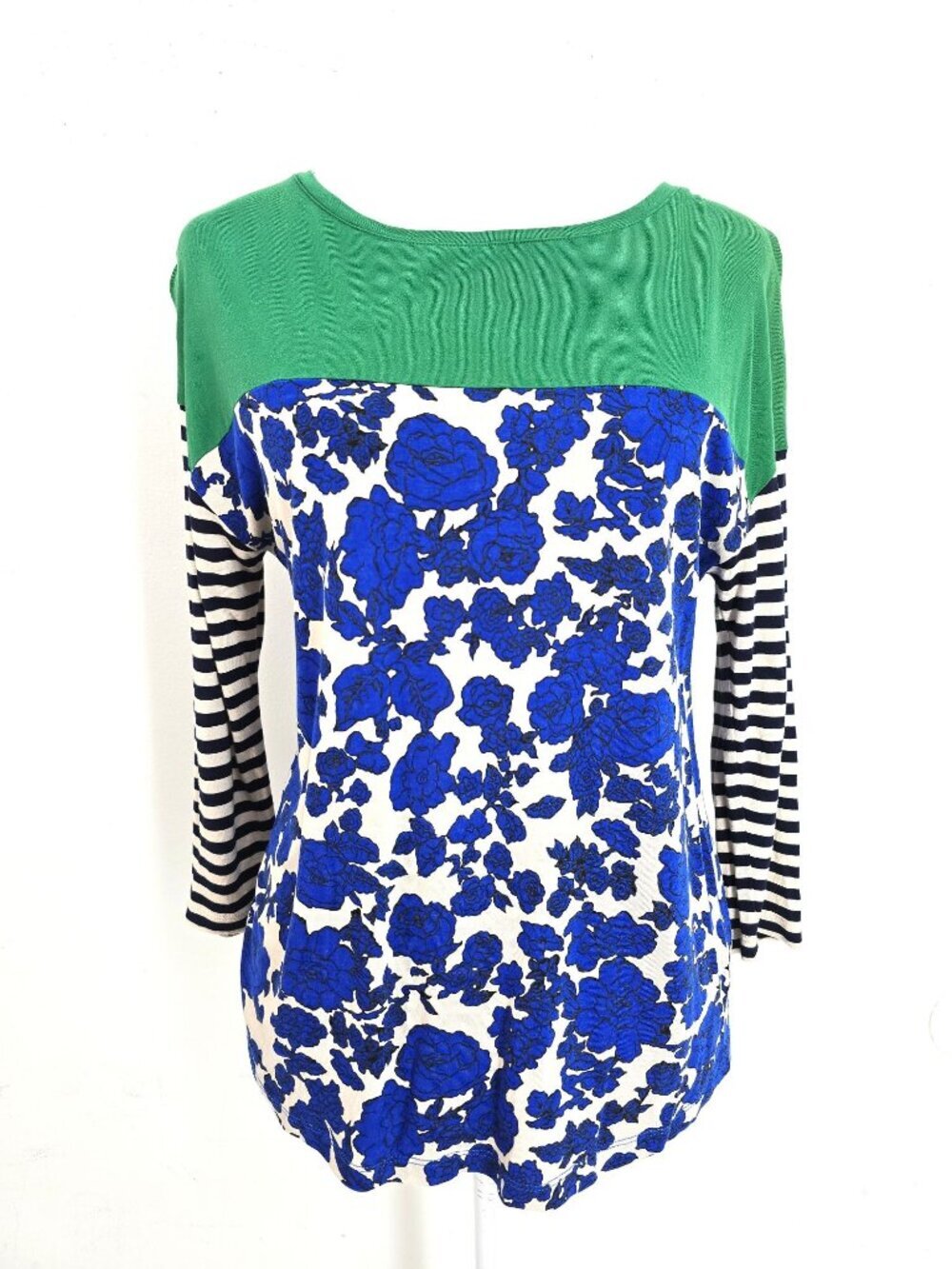 Boden Green Blue Floral Striped Colorblock Top Women Size 8